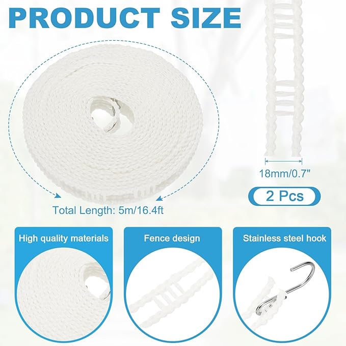 uxcell 2 Pcs Portable Travel Clothesline, 16.4ft Clothes Line Outdoors Travel Hanger Foldable Clothesline Rope with Hooks for Camping Hotel Backyard Home Cruise Ship, White