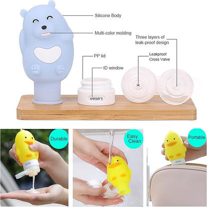 Cute Silicone Travel Size Bottles Set for Toiletries, BPA Free, Leak Proof Squeezable Travel Containers With Built-in Labels, TSA Approved Refillable Travel Essentials Accessories (4pcs)