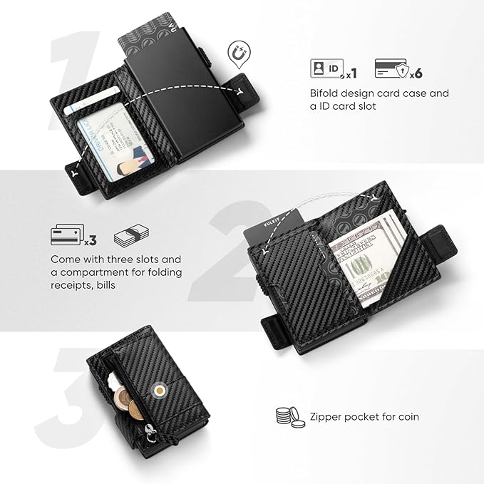 VULKIT Card Holder Bifold Pop Up Leather Wallet for Men RFID Blocking Metal Card Case, Holds 9 Cards and Banknotes Carbon Fiber Black