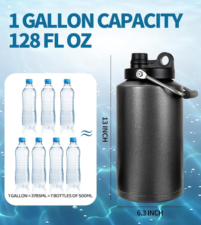 Insulated Water Bottle, 1 Gallon Jug with Handle, 128 oz Stainless Steel Large Water Bottle Wide Mouth Double Vacuum for Hot & Cold Drinks, Textured Black