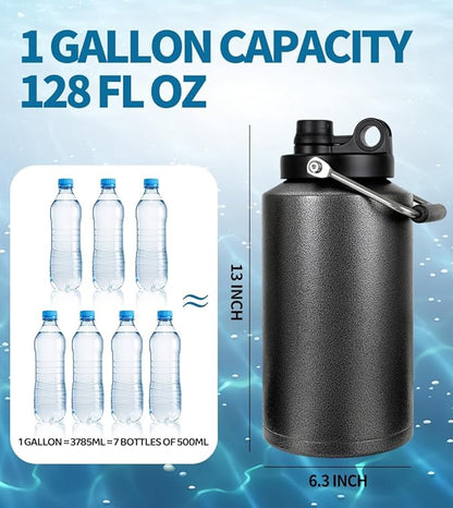 Insulated Water Bottle, 1 Gallon Jug with Handle, 128 oz Stainless Steel Large Water Bottle Wide Mouth Double Vacuum for Hot & Cold Drinks, Textured Black