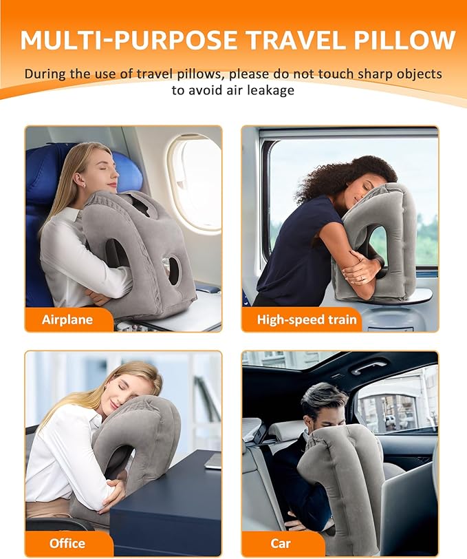 Sunany Travel Pillow, Inflatable Neck Pillow Used for Airplanes/Cars/Buses/Trains/Office Napping with Eye Mask/Earplugs (Gray)