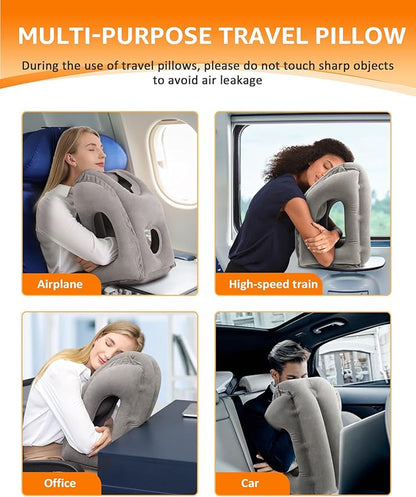 Sunany Travel Pillow, Inflatable Neck Pillow Used for Airplanes/Cars/Buses/Trains/Office Napping with Eye Mask/Earplugs (Gray)