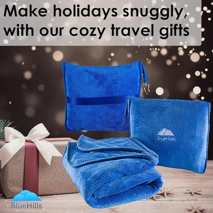 BlueHills Premium Soft Travel Blanket Pillow Airplane Blanket Packed in Soft Bag Pillowcase with Hand Luggage Belt and Backpack Clip, Compact Pack Large Plush for Any Travel (Royal Blue T003)