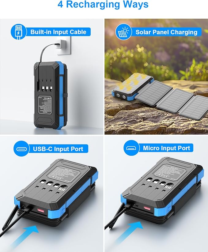 Solar Charger Power Bank 49800mAh with 4 Built-in Cables & 3 Foldable Panels, PD22.5W Fast Portable Phone Charger, External Battery Pack with USB-C in/Output & Flashlight for Outdoor Camping