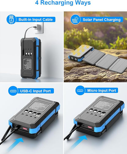 Solar Charger Power Bank 49800mAh with 4 Built-in Cables & 3 Foldable Panels, PD22.5W Fast Portable Phone Charger, External Battery Pack with USB-C in/Output & Flashlight for Outdoor Camping