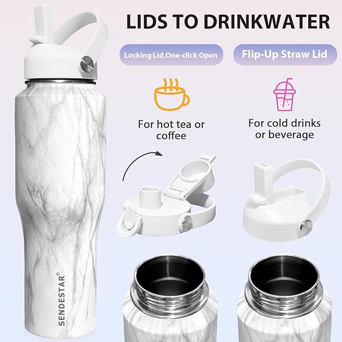 SENDESTAR 40oz Stainless Steel Water Bottle(Cold for 48 Hrs, Hot for 24 Hrs),Double Wall Vacuum Insulated Bottle with Straw Lid, Spout Lid and Flex Cap, Fit in Any Car Cup Holder,Marbling