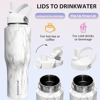 SENDESTAR 40oz Stainless Steel Water Bottle(Cold for 48 Hrs, Hot for 24 Hrs),Double Wall Vacuum Insulated Bottle with Straw Lid, Spout Lid and Flex Cap, Fit in Any Car Cup Holder,Marbling