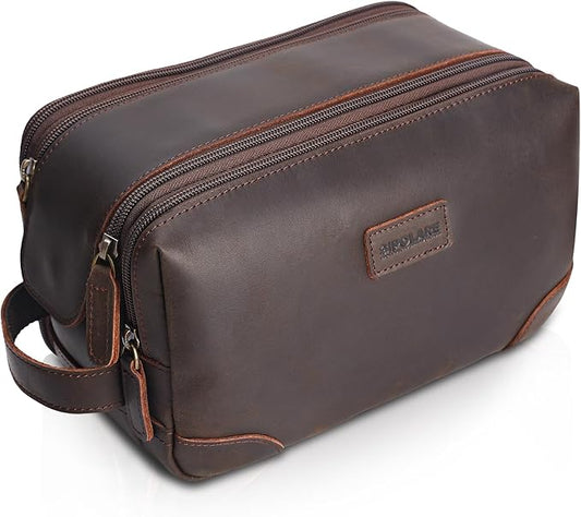 Polare Full Grain Leather Travel Toiletry Bag Dopp Kit Large Cosmetic Travel Case Shaving Kit Wash with YKK Zippers