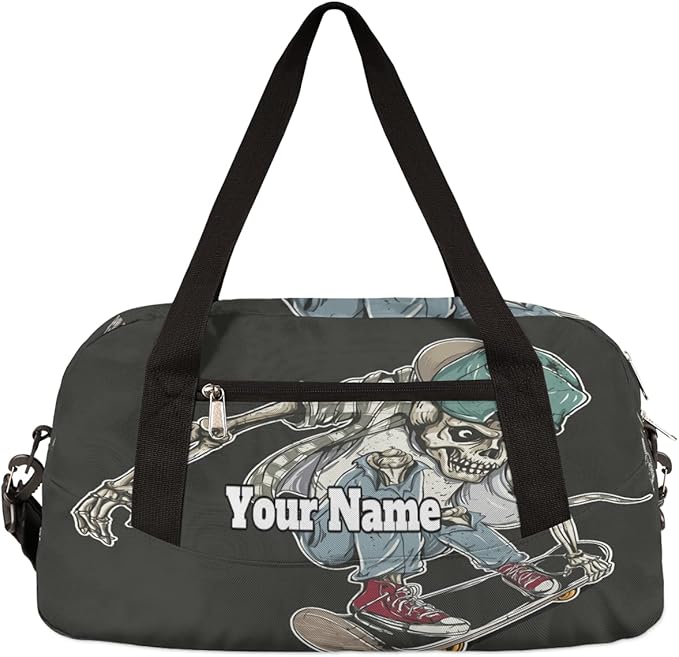 Custom Your Name Cool Human Skeleton Skateboard Personalized Text Gym Duffle Bag for Kids,Sports Bag for Teens Boys & Girls Small Waterproof Overnight Weekender Carry School Practice Travel Bag