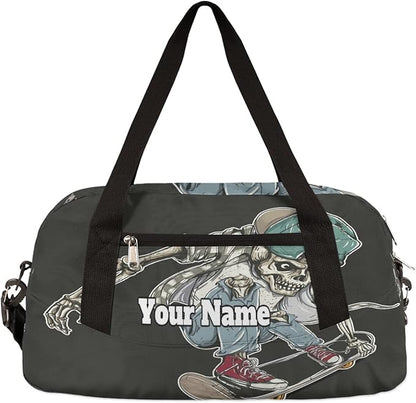 Custom Your Name Cool Human Skeleton Skateboard Personalized Text Gym Duffle Bag for Kids,Sports Bag for Teens Boys & Girls Small Waterproof Overnight Weekender Carry School Practice Travel Bag