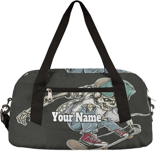 Custom Your Name Cool Human Skeleton Skateboard Personalized Text Gym Duffle Bag for Kids,Sports Bag for Teens Boys & Girls Small Waterproof Overnight Weekender Carry School Practice Travel Bag
