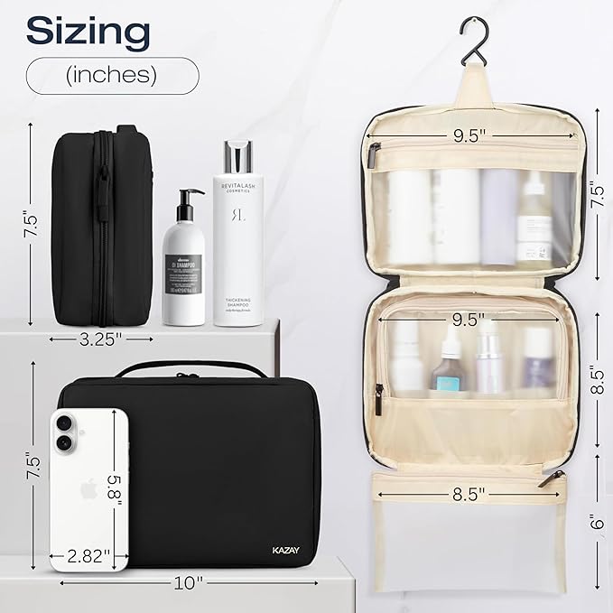 KAZAY Hanging Toiletry Bag with TSA Approved Detachable Pouch, Travel Toiletry Bag, Water Resistant, Premium Nylon, Travel Size Toiletries Cosmetic Bag, Makeup Bag, Unisex (Black)