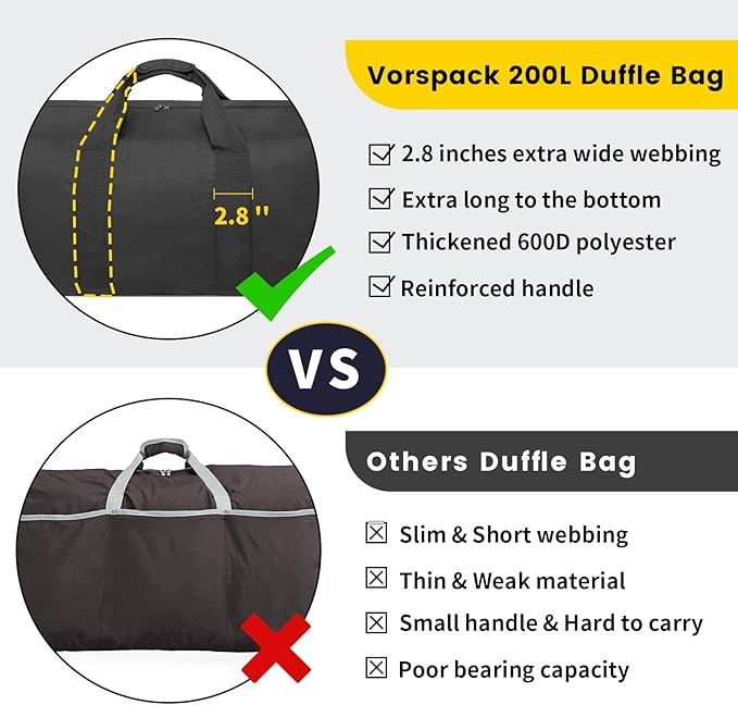 Vorspack Extra Large Duffle Bag for Travel - 250L Duffel Bag for Men Gear Bag for Storage Foldable Weekender Bag for Overnight Camping - Black