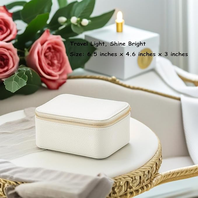 Vlando Travel Jewelry Box Organizer - 8 Small Velvet Zipped Pouches Pockets for Jewelries Necklaces Rings Earrings Sorting Storage, Offwhite