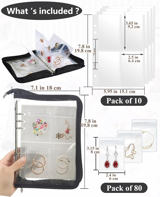 AOLEIXIYA Jewelry Organizer Book Clear Travel earring book organizer Transparent Jewelry Book with Zipper Pouch Bags (Black,With 80 PCS Small Jewelry Bags)