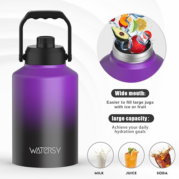 WATERSY 1 Gallon Water Bottle Insulated(Cold for 48 Hrs),BPA Free&Leak Proof,128oz Stainless Steel Water Jug,Big thermo,Large Water Bottle with Handle for Gym,Hiking,Camping&Travel,Purple