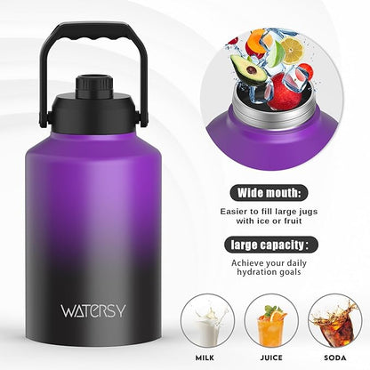 WATERSY 1 Gallon Water Bottle Insulated(Cold for 48 Hrs),BPA Free&Leak Proof,128oz Stainless Steel Water Jug,Big thermo,Large Water Bottle with Handle for Gym,Hiking,Camping&Travel,Purple