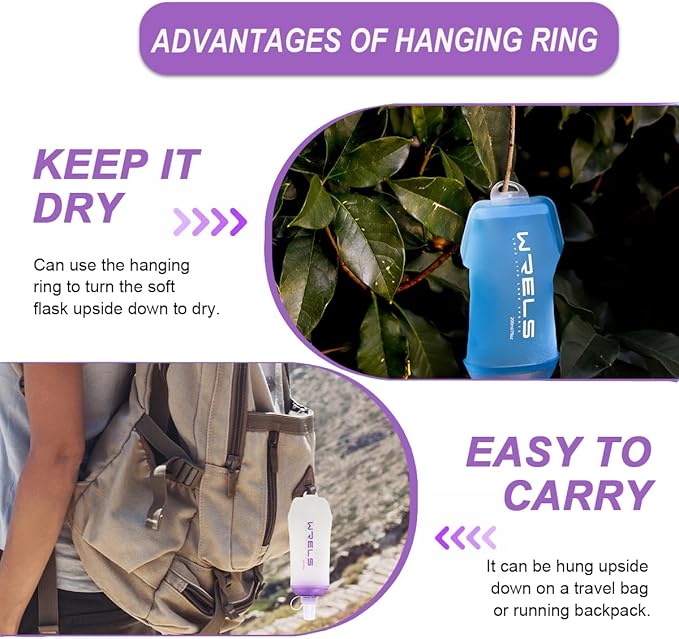 200ml/350ml/500ml Collapsible Soft Flask,BPA Free Folding Soft Water Bottle with Hanging Ring,Lightweight TPU Hydration Flask for Running Marathon Cycling Hiking(500ml-2 Packs)
