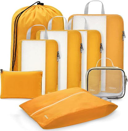 Gonex 8 Set Expandable Mesh Packing Cubes for Travel - Compression Packing Organizers with Toiletry, Laundry, Shoe & Cable Bags - Orange