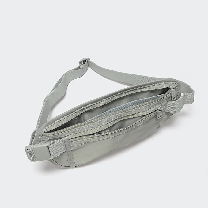 Pander RFID Blocking Travel Money Belt – Hidden Waist Pouch for Passport, Cash, Cards, Slim Belt Bag for Men and Women, Light Grey