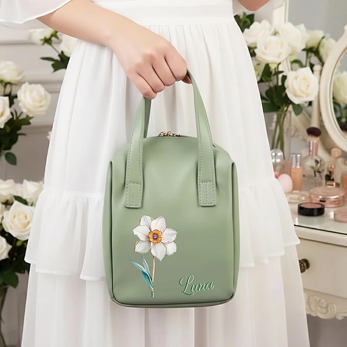 callie Personalized Makeup Bag - Custom Name & Birth Flower, Leather Cosmetic Organizer Travel Bag with Double Zippers & Handle, Birthday Christmas Gift for Women