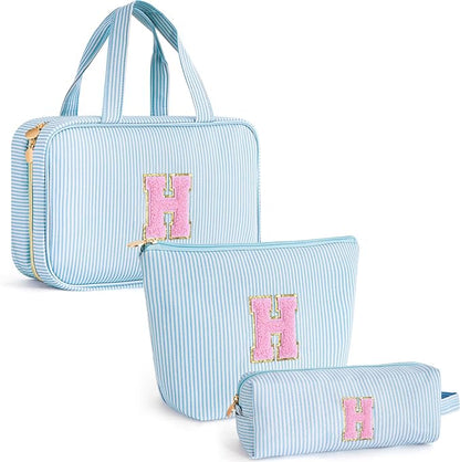 Birthday Gifts for Her - Personalized Friend Gifts - 3 Pieces Toiletry Bag Makeup Bag Cosmetic Bags for Women Travel Wedding Bridesmaid Gifts Teacher Gifts for Women - Blue H