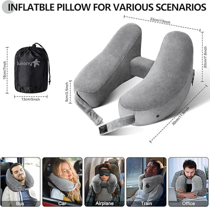 Sunany Neck Pillow for Travel Inflatable Airplane Pillow Comfortably Supports Head, Neck and Chin, Inflatable Travel Pillow with Soft Velour Cover and Portable Drawstring Bag (Grey)
