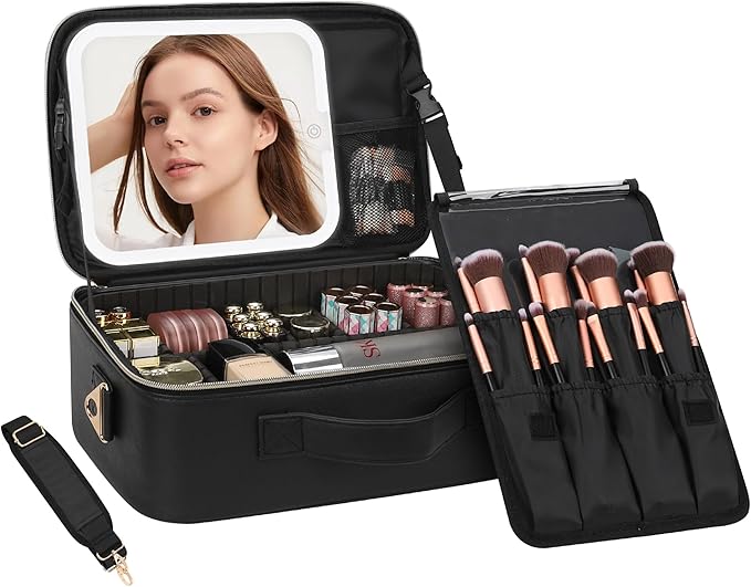 Chomeiu Makeup Bag with LED Mirror, Large Travel Cosmetic Train Case for Women, Makeup Artists Large Organizer Box with Vanity Light Up Mirror, 3 Color Lights, Adjustable Dividers (Black)