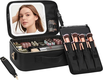 Chomeiu Makeup Bag with LED Mirror, Large Travel Cosmetic Train Case for Women, Makeup Artists Large Organizer Box with Vanity Light Up Mirror, 3 Color Lights, Adjustable Dividers (Black)