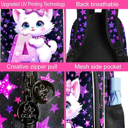WZLVO 3PCS Girls Cat Backpack Set, 16" Glittery UV Printing Kids Bookbag/School Bag with Lunch Box & Pencil Bag for Preschool to Elementary - Cat Holding Letter A