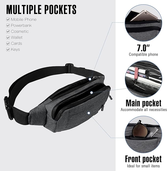 WATERFLY Fanny Pack Waist Bag: Small Hip Pouch Bum Bag Fannie Pack Phanny Fannypack Waistpack Bumbag Beltbag Sport Slim Fashionable for Jogging Hiking Hiker Woman Man