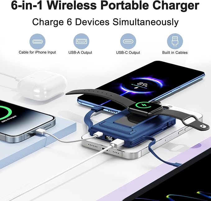 Vexnara for Magsafe Battery Pack, 10000mAh Power Bank for iPhone with Built-in Cables, 20W Fast Charging Magnetic Wireless Portable Charger with Stand for iPhone 17/16/15/14/13/12/Apple Watch Series