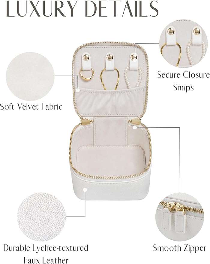 Popvibe Travel Jewelry Case Organizer Small Jewelry Box for Women with 6 Jewelry Mini Pouch, Portable Traveling Jewelry Holder Bag for Earring Necklace, White