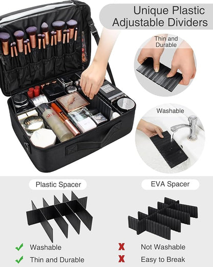 Relavel Large Makeup Organizer Profession Makeup Bag Extra Large Makeup Case with Adjustable Dividers, Adjustable Angle Fixed Belt and Shoulder Strap Plastic Dividers