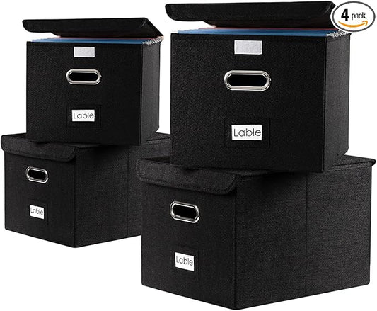 PRANDOM File Organizer Box - Set of 4 Collapsible Decorative Linen Filing Storage Hanging File Folders with Lids Office Cabinet Letter Size Black (15x12.2x10.75 inch)