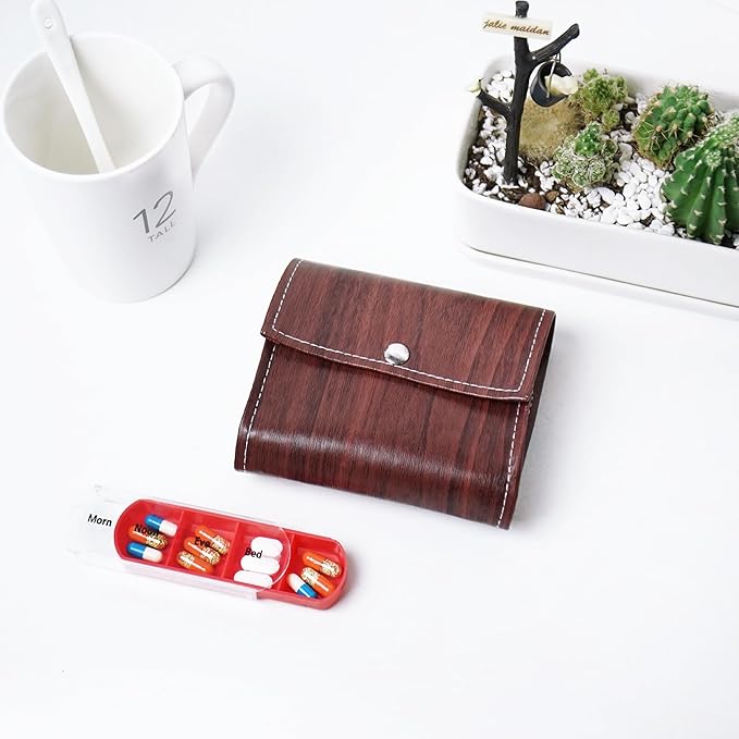 Pill Organizer,LIZIMANDU Weekly Travel Pill Case Box Medication Reminder Daily AM PM, Day Night 7 Compartments,for 4 Times A Day, 7 Days a Week-Includes Leather PU Carrying Case(1-Wood-Light Brown)
