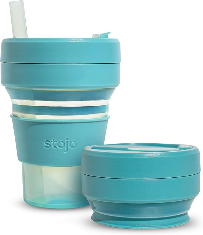STOJO Collapsible Travel Cup - Reusable To-Go Pocket Size Silicone Bottle for Hot and Cold Drinks - Perfect for Camping - Microwave & Dishwasher Safe (16 Ounce (Pack of 1), Translucent Eucalyptus)