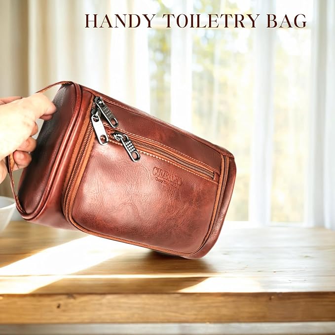 Mens Toiletry Bag, Water-resistant Dopp Kit For Men Travel, PU Leather Toiletries Bag Shaving Kit, Compact Organizer With Wrist Strap, Grooming Essentials For Vacation, Gym & Camping，Rust