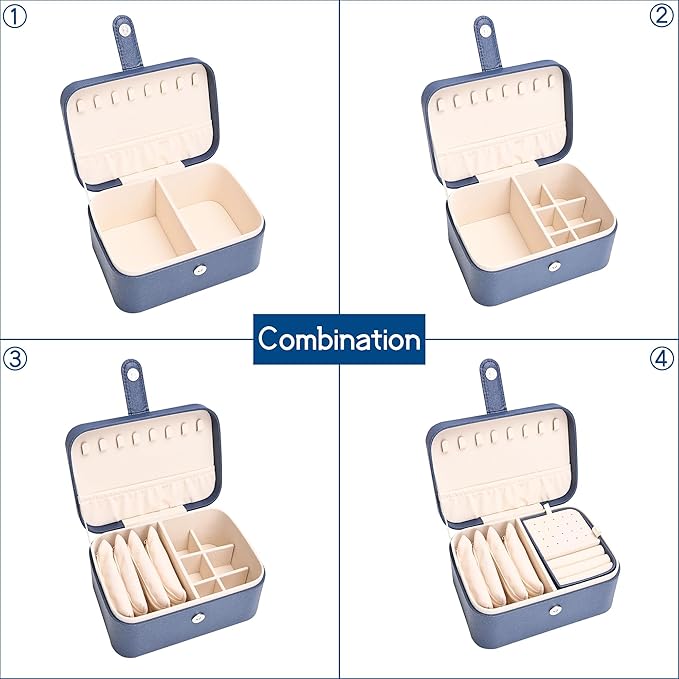 2 Layer Portable Jewelry Box, Large Jewelry Travel Case with 4 Velvet Jewelry Pouches, Medium Size Jewelry Organizer Box for Earrings, Necklaces, Bracelets (dark blue)