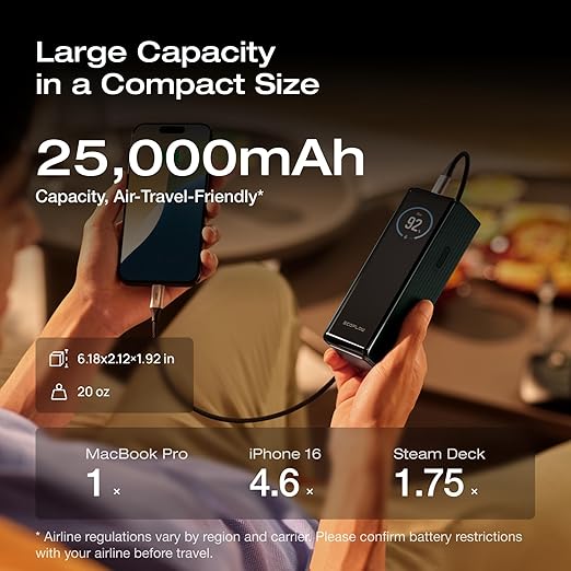 EF ECOFLOW Rapid Power Bank 25,000mAh, 170W Portable Charger with Dual 140W USB-C Ports for Multi-Device Charging, Smart TFT Screen, Compatible with iPhone 17/16/15/14, Samsung, Laptop (Green)