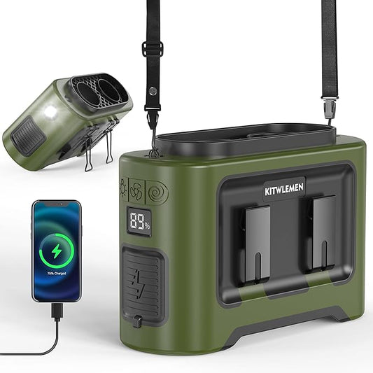 KITWLEMEN 14500mAh Portable Waist Fan - Personal Clip on Belt Fan, Dual Air Outlet, 5 Speed 35H Cooling, Rechargeable Battery Operated, Wearable with Lanyard & Light for Camping, Travel, Jobsite