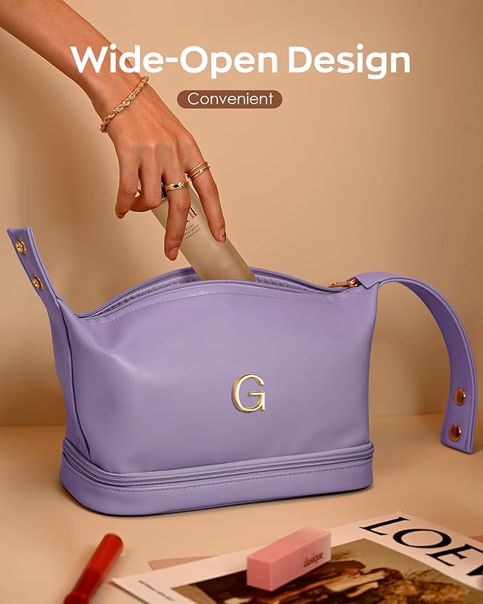 Girlfriend Gifts, Personalized Makeup Bag with Handle, Initial Double Layer Cosmetic Bag with Makeup Brush Organizer, PU Leather Travel Toiletry Bag Gifts for Women Her Friend Sister Mom Gift