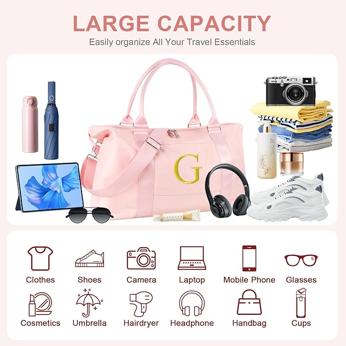 Personalized Initial Gym Dance Bag, Travel Duffel Bag for Teen Girls, Carry On Bag Overnight Weekender Bag with Trolley Sleeve, Birthday Gifts for Women Mom Daughter Graduation Gift(Letter G, Pink)