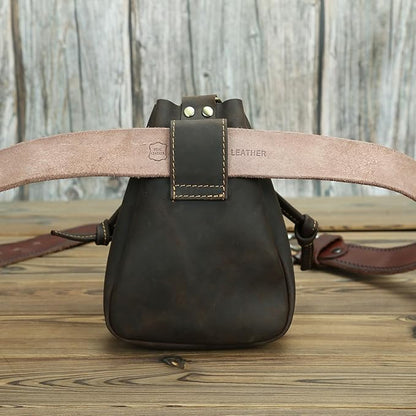 Retro Drawstring Genuine Leather Waist Bag for Men Motorcycle Sports Pack with Phone Pocket Adjustable Belt Gifts for Men (Dark Brown)