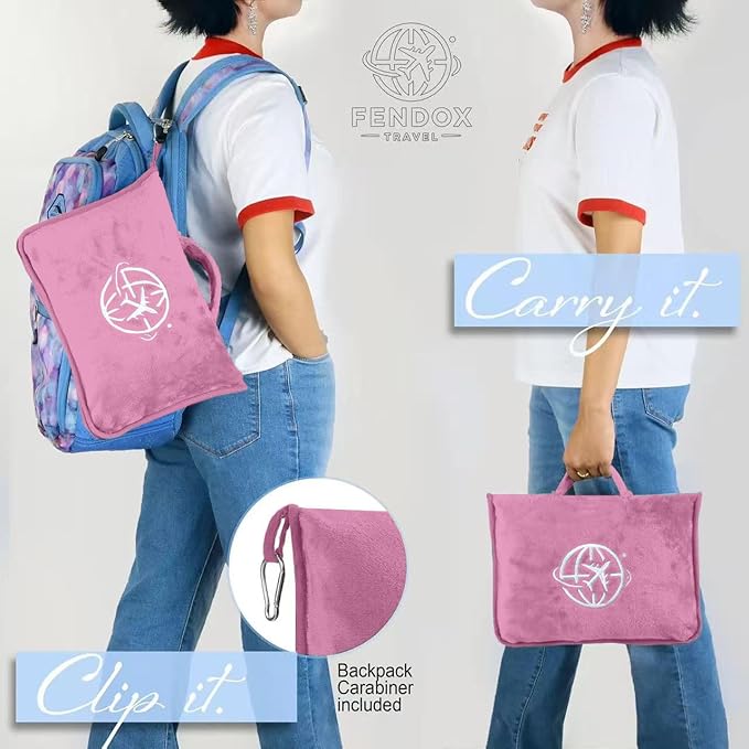 2-in-1 Travel Blanket and Pillow – Lightweight, Compact, Ultra Soft, Machine Washable – Handle, Luggage Sleeve, Backpack Clip – for Trave Airplane, Car, Office (Light Pink)