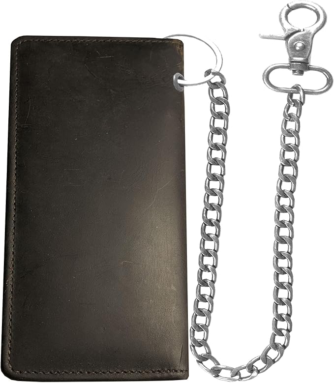 CLASSIC Motorcycle Chain Wallet for Men – Premium Cowhide Leather, RFID Bi-Fold Biker Wallet with Heavy Duty ChainBikers Truckers & Hunters, Credit Card Money Organizer Long Wallet Crazy Horse Brown