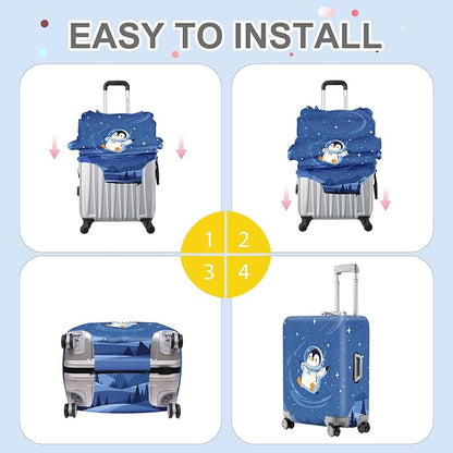 ANNA QUEEN Astronaut Penguin Luggage Cover, Cute Space Penguin Design Suitcase Protector, Washable Stretchable Travel Sleeve for 20-22 Inch Luggage