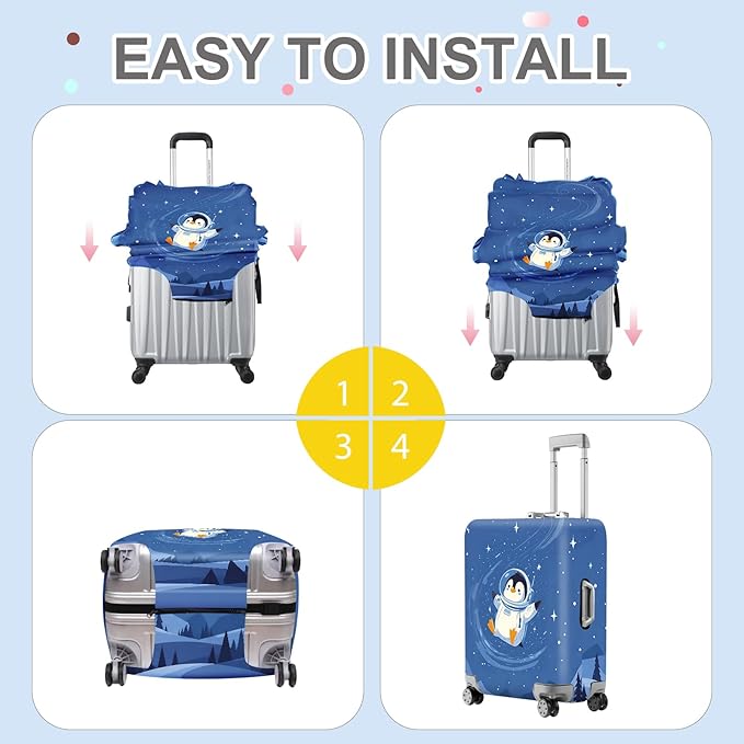 ANNA QUEEN Astronaut Penguin Luggage Cover, Cute Space Penguin Design Suitcase Protector, Washable Stretchable Travel Sleeve for 32-34 Inch Luggage