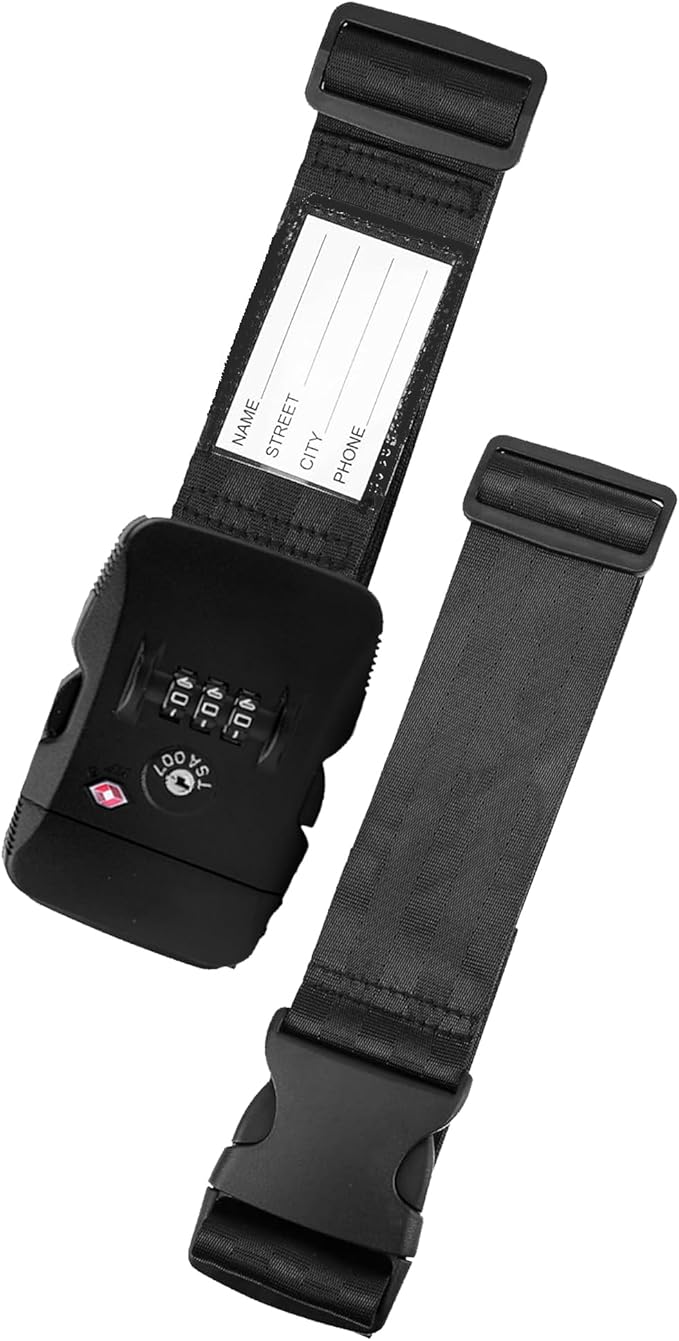 Luggage Straps, TSA Approved Black Heavy Duty Suitcase Belt with Combination Lock, Adjustable Cross Strap for Checked and Carry-On Bags, Includes ID Name Tags (1-Pack)